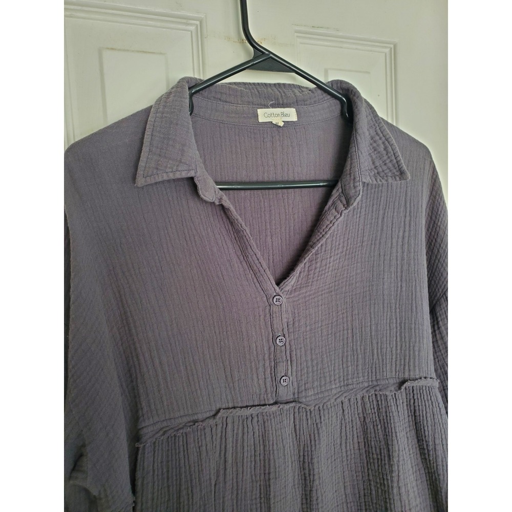 Cotton Bleu Babydoll Top Gauze Raw Hem Boho Oversized Tiered Layering Casual M